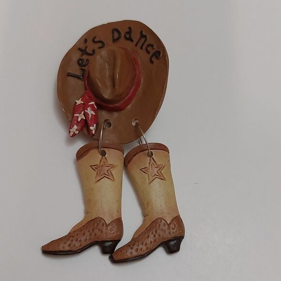 Retro Vintage Rodeo Cowboy Hat Boots Let's Dance Brooch Pin - Picture 1 of 5